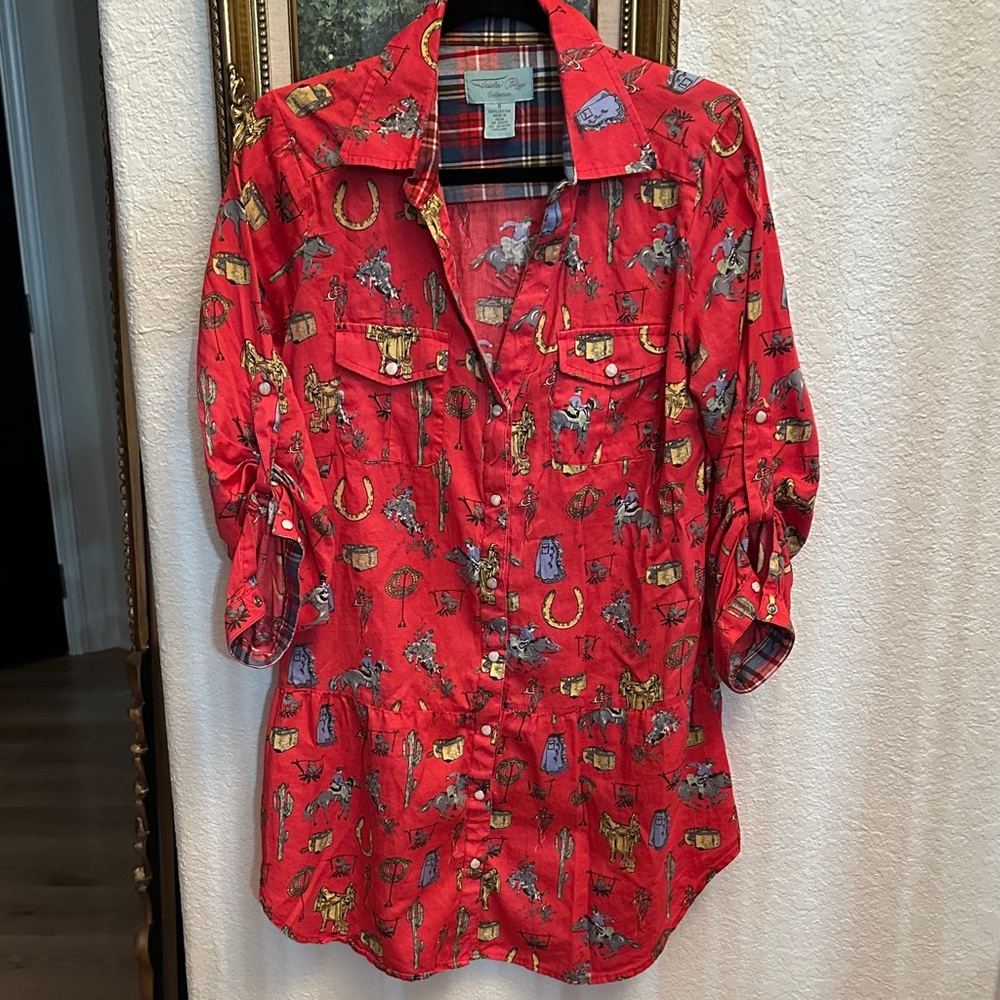 Tasha Polizzi Collection Red Western-Themed Button-Up Dress Tunic size Small